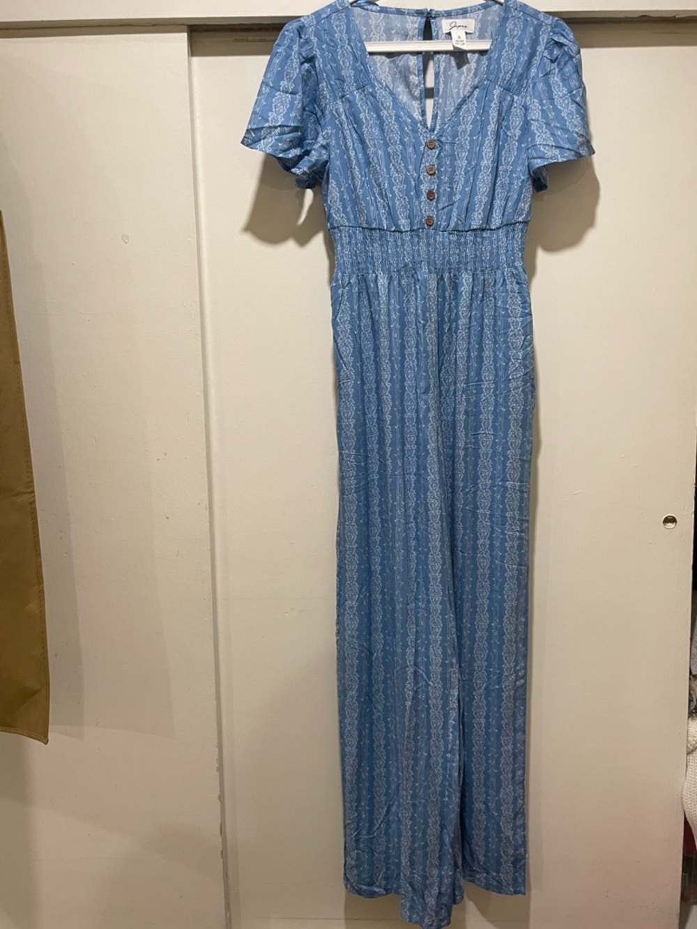 JAPNA Light Blue Patterned Short Sleeve Jumpsuit size small